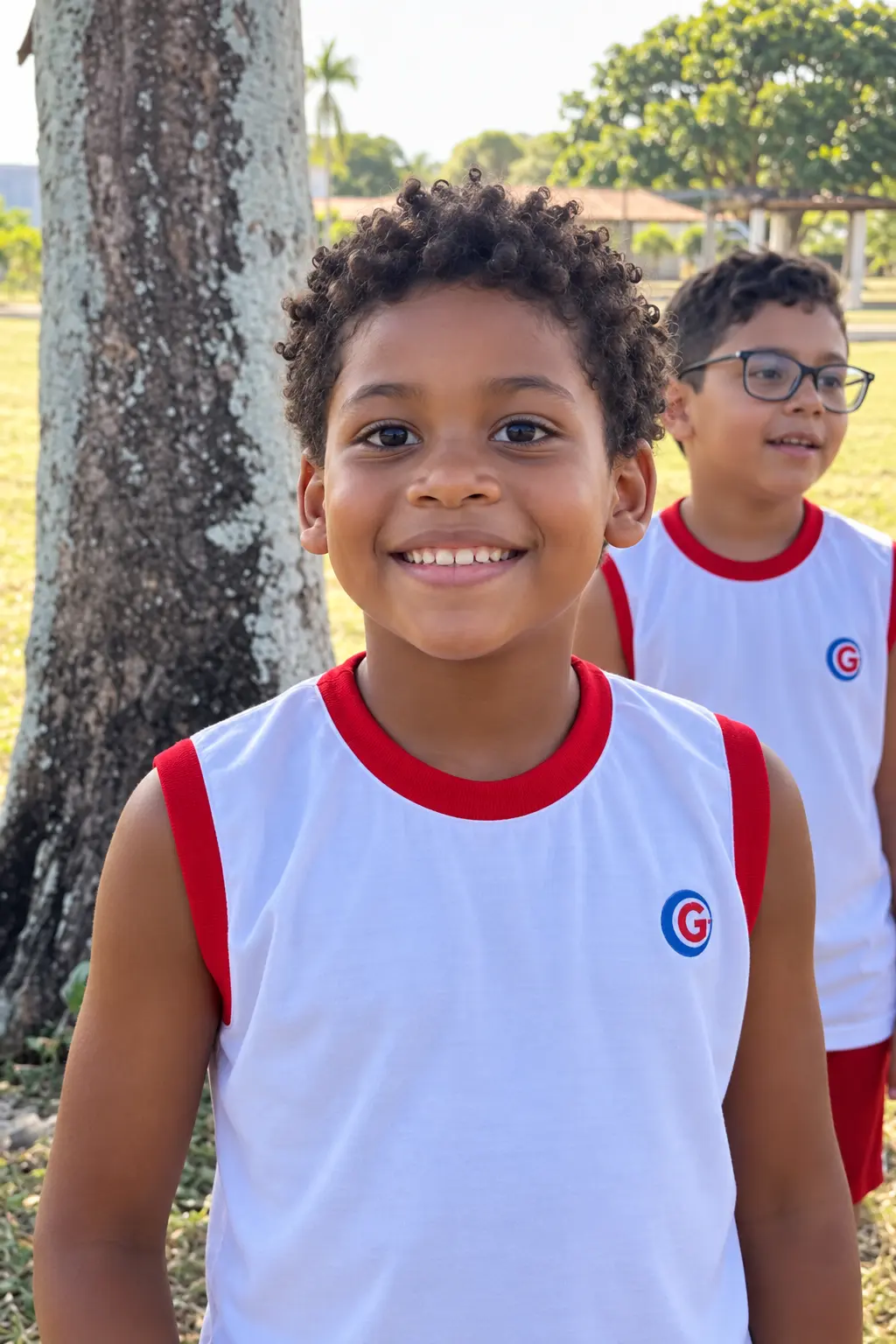 Aluno sorridente com a camiseta do Colégio Glória