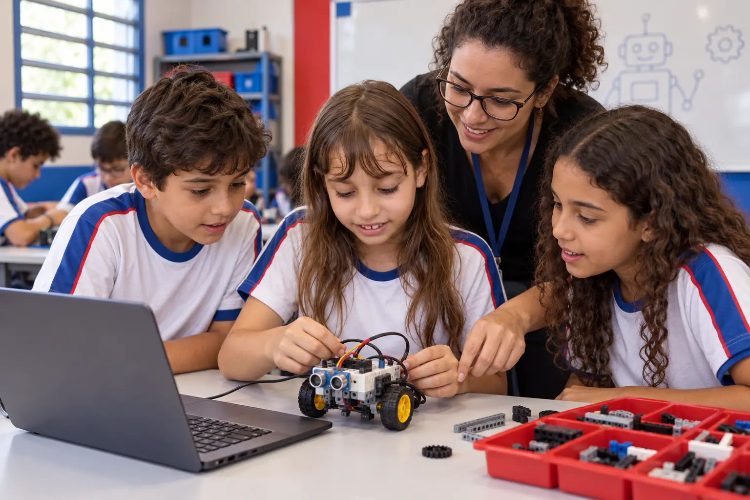Alunos montando um robô com a professora na aula de robótica